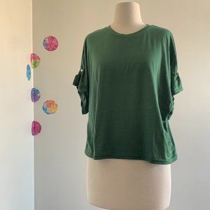 MISS VALLEY boxy tee solid green color with pearl detail on sleeves size XS